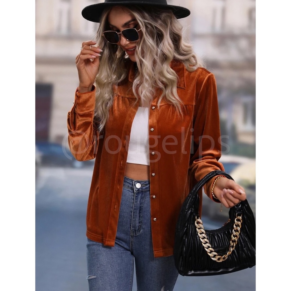 Velvet Rust Brown / Orange Casual Button Up / Down Shirt Collar, V-Neck - Picture 7 of 9
